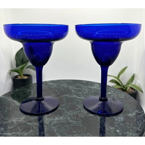 Vintage Pier 1 Cobalt Blue Glass Margarita Cocktail Goblets Set Of 2 - Picture 1 of 15